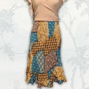 Yessica Euro Boho Patchwork Ruffle Hem Midi Skirt